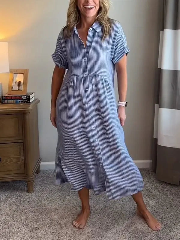 Sara™ | Vestido camisero de rayas con corte relajado y bolsillos laterales