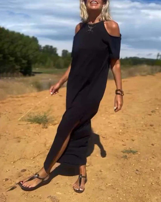 Elena | Vestido largo con hombros al descubierto y corte relajado