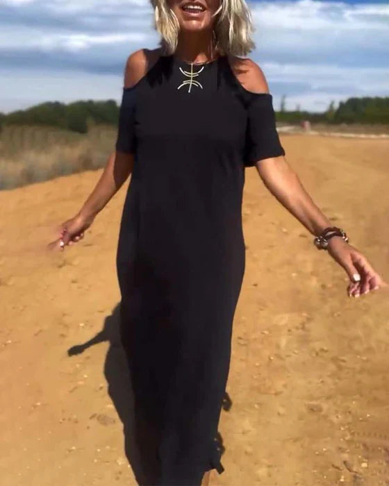 Elena | Vestido largo con hombros al descubierto y corte relajado