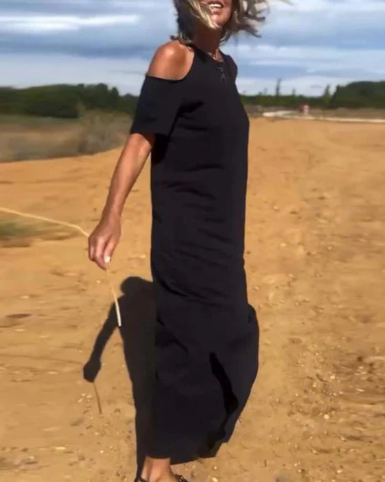 Elena | Vestido largo con hombros al descubierto y corte relajado