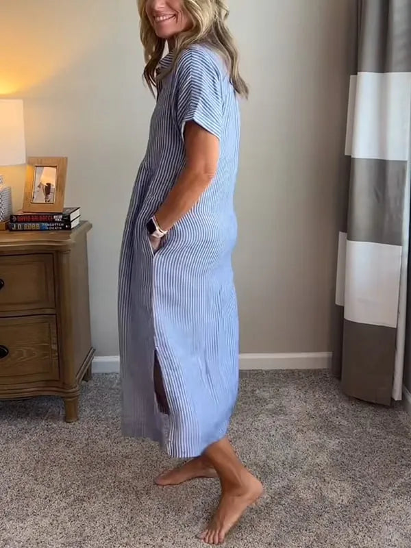 Sara™ | Vestido camisero de rayas con corte relajado y bolsillos laterales